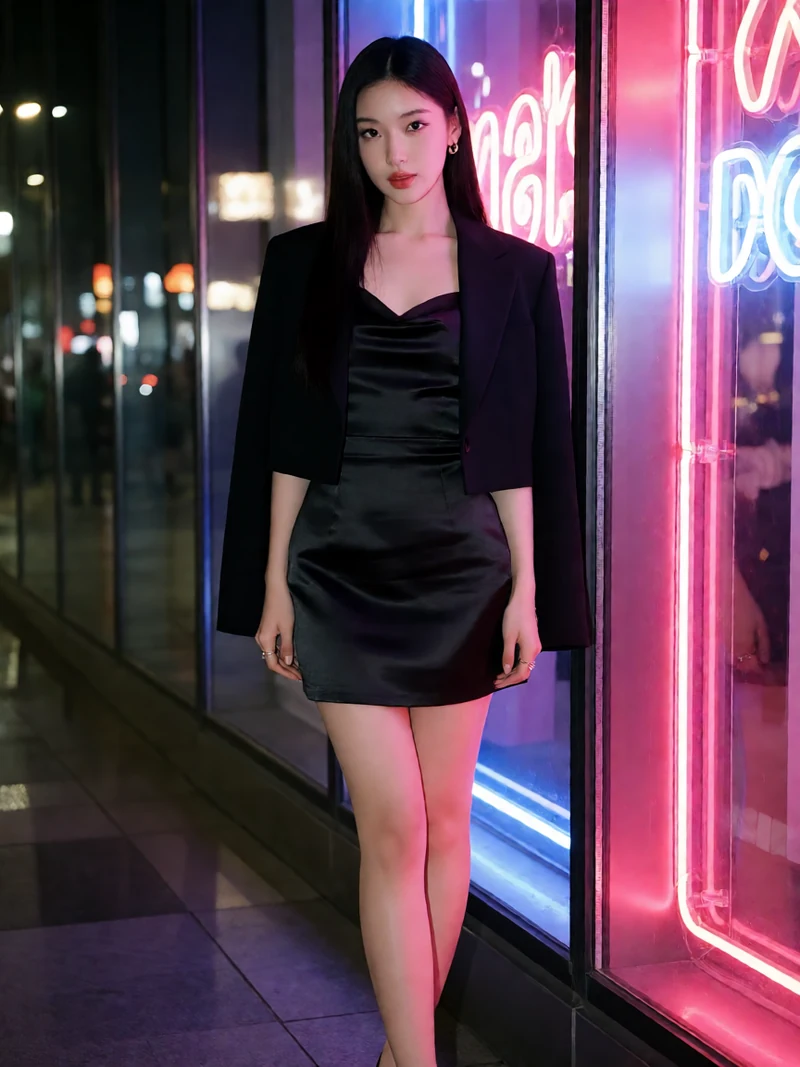 成年女性穿黑色缎面短裙与短外套，站在霓虹照亮的城市橱窗旁