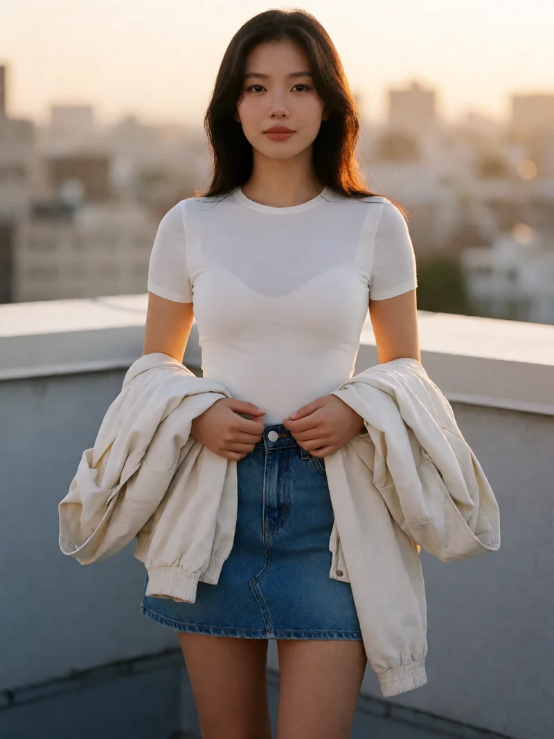 成年女性穿牛仔短裙与白色上衣，在落日天台安全栏杆内站立